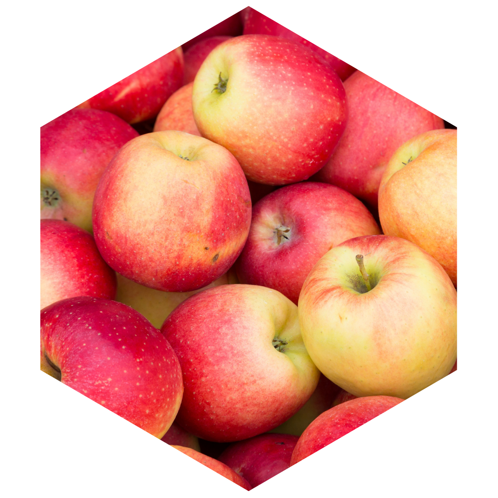 Hexagonal arrangement of red and yellow apples on a white background