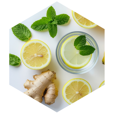 Lemons, ginger, and mint leaves on a white surface with a glass container.