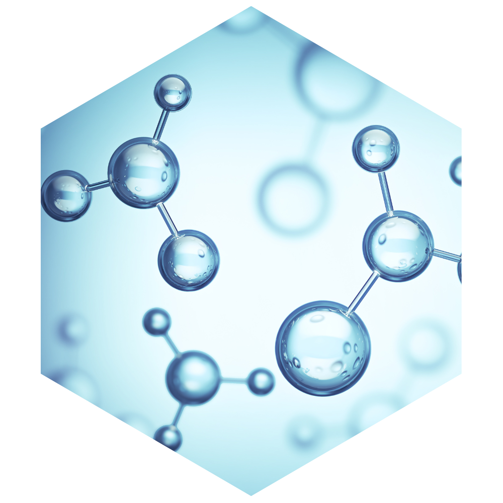 Hexagonal arrangement of molecular structures on a light blue background