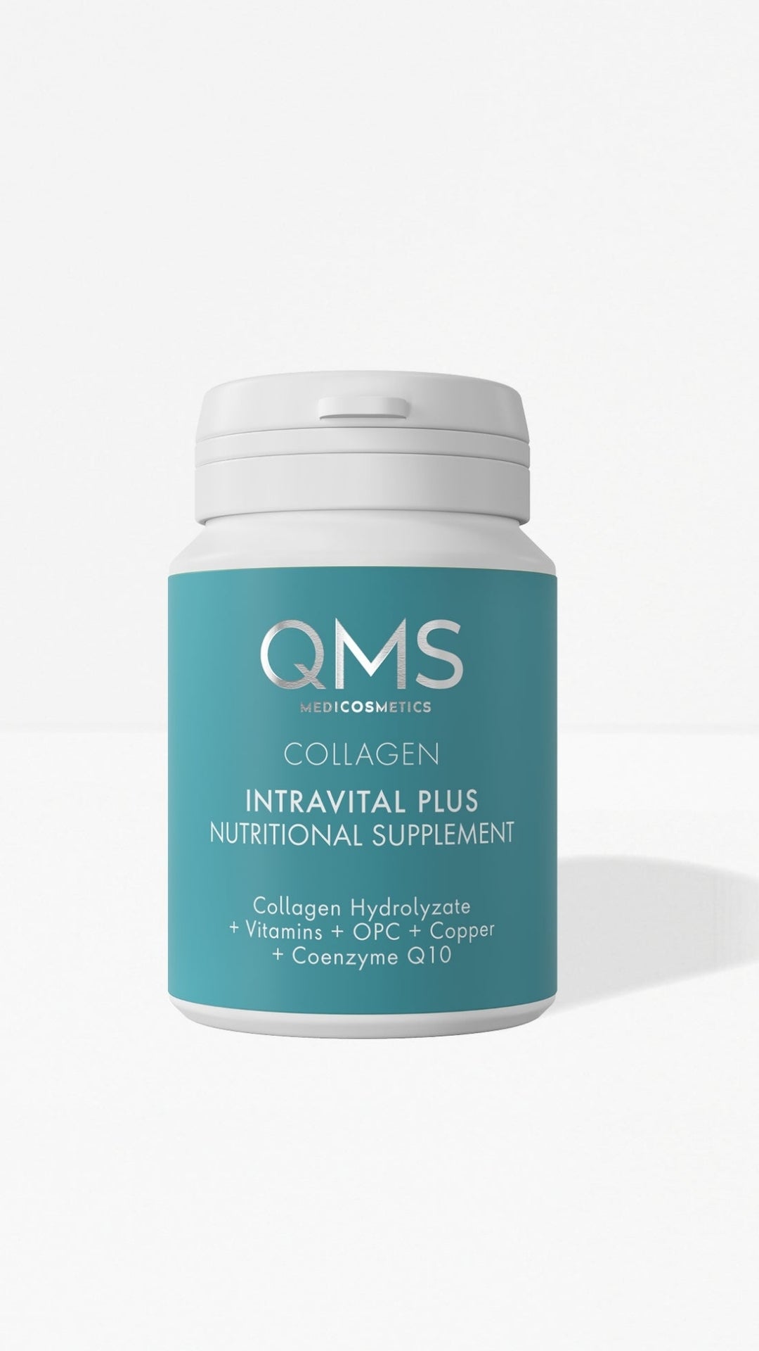 QMS Collagen Intravital Plus nutritional supplement bottle on a white background