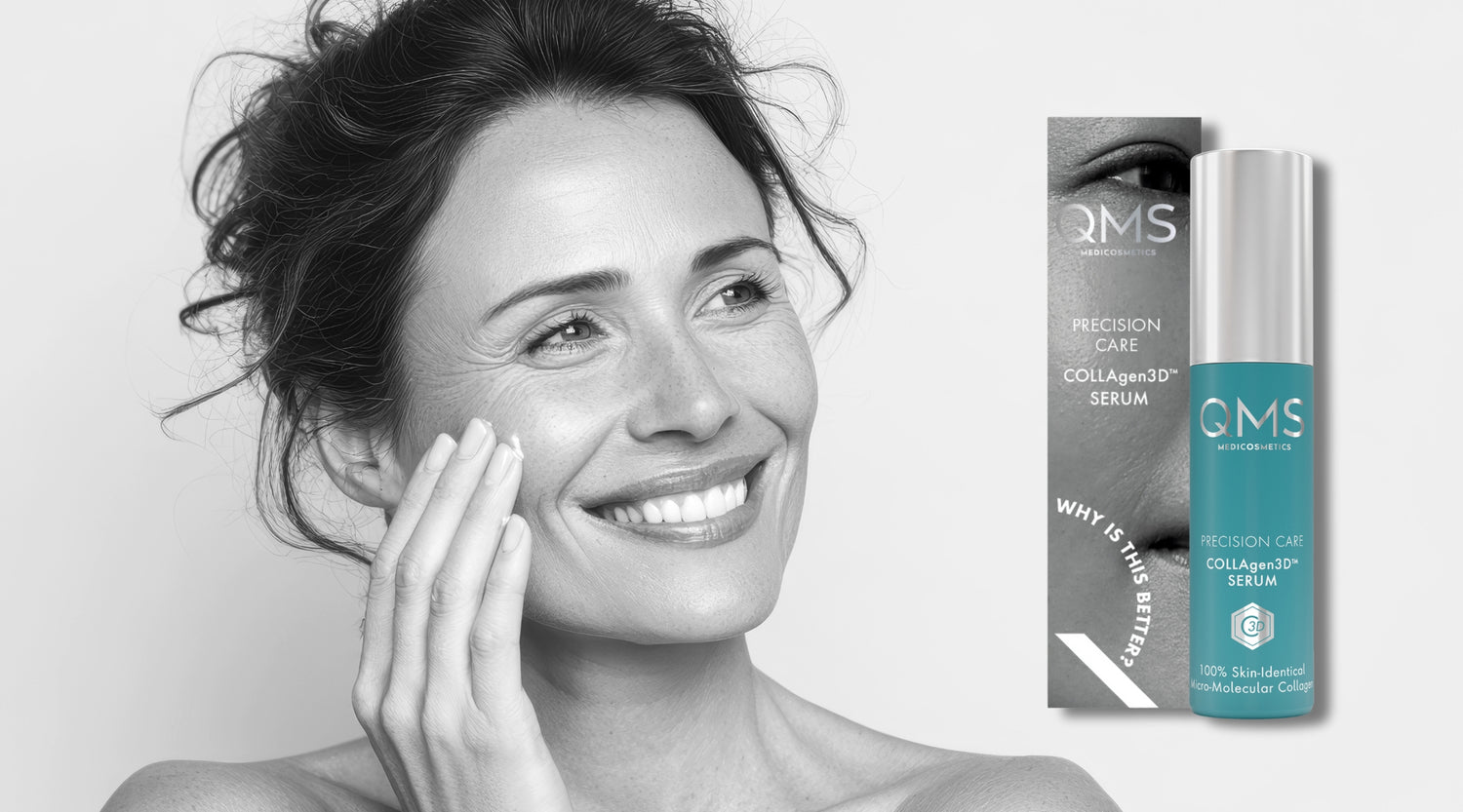 Woman applying skincare product with GMS Collagen Serum packaging in the background